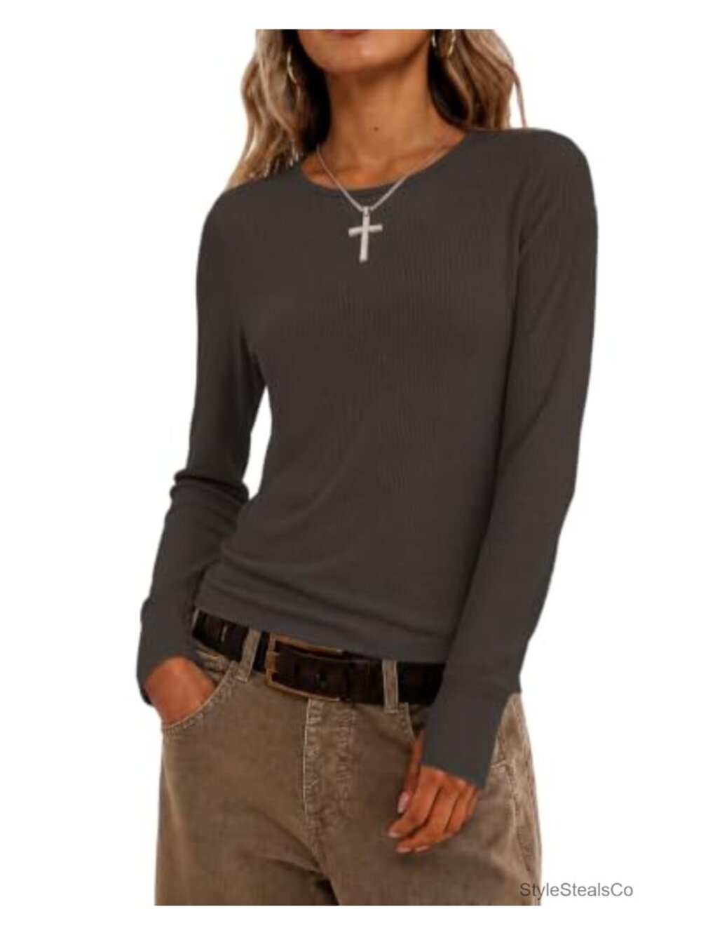 Women's Long Sleeve Pullover Sweater Crewneck Waffle Knit Thumb Hole